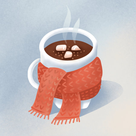 Hot drink in a winter mug wrapped in warm red knitted scarf. digital painting for cafe, tea drinking or cafeteria. Hand drawn lettreing inscription - Let it snow.. textured style cartoon illustration.の写真素材