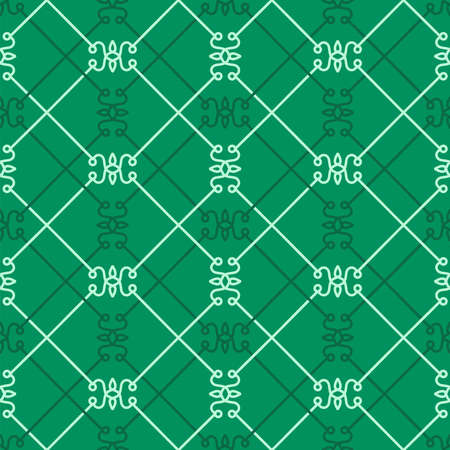 Ethnic style seamless pattern in Christmas traditional green color with geometric linear figures. Repeated net ornamental abstract background. Digital paper, textile print, page fill. Vector line artのイラスト素材