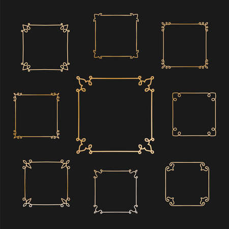 Nine simple square frames with some ornament as the border collection. Set of golden outline frames on black background for decorating design, card, invitation, etc. Vector linear elementsのイラスト素材