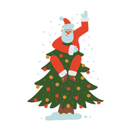 Santa Claus on the top of the Christmas tree. Indoor climbing holiday story. Template for Christmas and New Year card, banner, invitation letter, advertising. Flat vector illustration.のイラスト素材