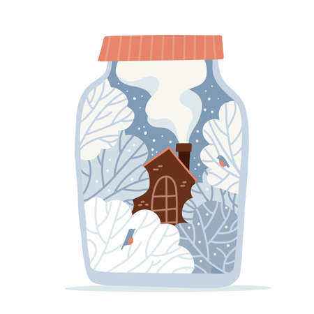 Closes lid glass jar with wintertime rustic landscape. House, snowy trees, birds, snow inside bottle. Glass container full of snowflakes. Vector flat hand drawn illustation.のイラスト素材