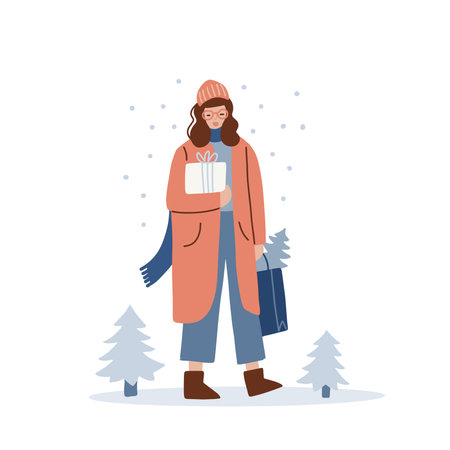 Young stylish Woman in winter clothes holding Christmas gifts box and walking outside. Female character wearing casual outdoor clothes Isolated on white. Vector flat hand drawn illustation.のイラスト素材