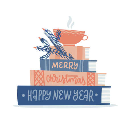Cup on stack of books. Lettering text is written on the spines of books. Merry Christmas and Happy new year greeting card design. Vector flat hand drawn illustrationのイラスト素材