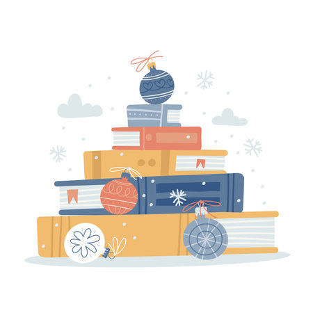 Books stack decorated with Christmas tree balls. Winter holidays concept isolated on white background. Vector flat illustration. Education, learning clipart.のイラスト素材