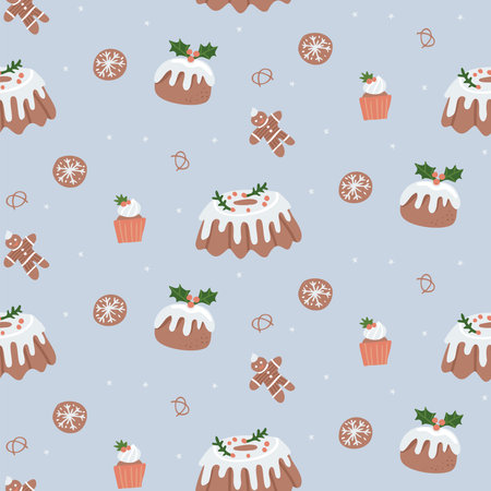 Seamless background with Christmas pastry - pudding, cake, cookies, cupcake, gingerbread. Vector flat hand drawn pattern on light blue backgroundのイラスト素材