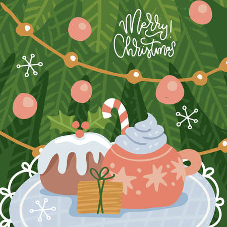 Cozy Christmas gift presents cute retro poster. Hot cocoa mug, sweet cake on the background of Christmas tree. Handdrawn winter season holidays background. Xmas greeting card flat vector illustration.のイラスト素材