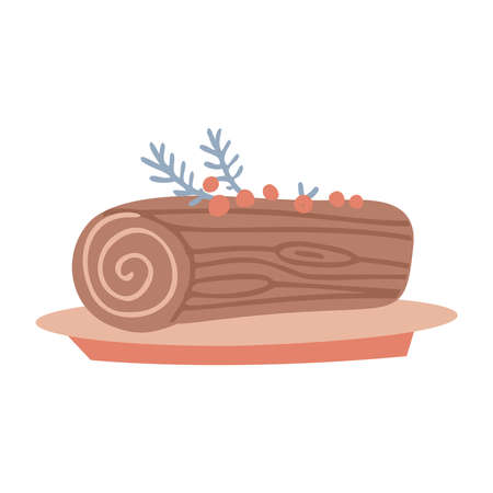 Christmas chocolate yule log with cream swirl and red berries decoration on a plate. Freehand isolated element. Vector flat hand drawn Illustration. Only 5 colors - Easy to recolor.のイラスト素材