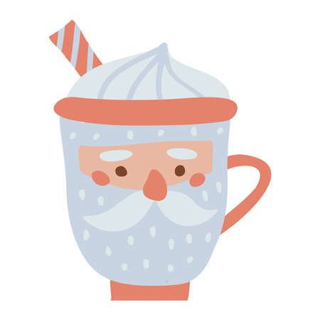 Santa Claus cup with whipped cream and striped straw. Santas head mug with hot winter drink. Freehand isolated element. Vector flat hand drawn Illustration. Only 5 colors - Easy to recolor.のイラスト素材
