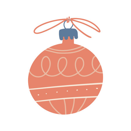 One christmas baubl with scandinavian ornaments. Xmas holiday toy and decor for fir tree. Freehand isolated element. Vector flat hand drawn Illustration. Only 5 colors - Easy to recolor.のイラスト素材