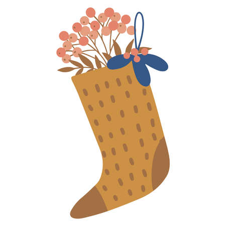 Christmas colorful sock with winter berries on twig. Yellow knitted stocking. Freehand isolated element. Vector flat hand drawn Illustration. Only 5 colors - Easy to recolor.のイラスト素材