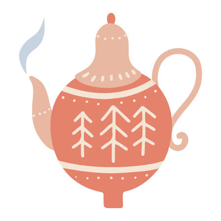 Christmas Ceramic teapot . Cute tea kettle in retro style. Hand drawn kitchen crockery. Graphic textured teakettle isolated element. Vector flat hand drawn Illustration. Only 5 colors,Easy to recolor.のイラスト素材