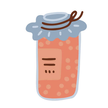 Simple concept of jam made of berries in a jar, sweet homemade confiture. Freehand isolated element. Vector flat Illustration. Only 5 colors - Easy to recolorのイラスト素材