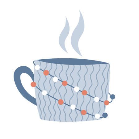 Hot drink in a cute garland-wrapped mug . Hot chocolate, coffee, cocoa. Winter, Christmas, New Year beverage. Freehand isolated element. Vector flat Illustration. Only 5 colors - Easy to recolor.のイラスト素材