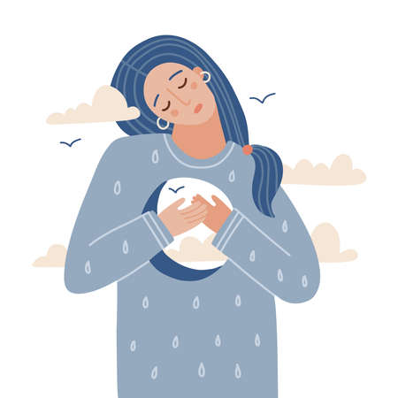 Yound homan looking sad with a hole in her chest. An analogy to sadness, depression, mourning, bad feelings. Isolated flat hand drawn vector illustration.のイラスト素材