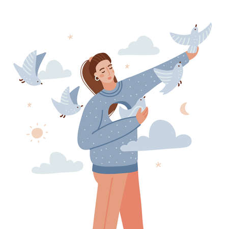 Young sad woman frees the birds from her chest. A girl with a hole in her chest concept. The psychological metaphor of mental health, manipulation or dependence. Vector flat hand drawn illustrationのイラスト素材