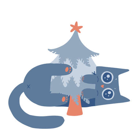 Lying cat hugging small Christmas tree. Naughty kitten. Freehand isolated element. Vector flat Illustration. Only 5 colors - Easy to recolor.のイラスト素材