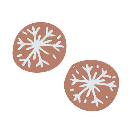 two round ginger cookies with snowflake decoration. Vector illustration. Freehand isolated element. Vector flat hand drawn Illustration. Only 5 colors - Easy to recolor.のイラスト素材