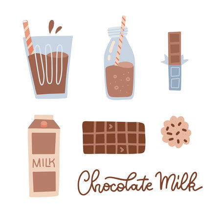 Set of chocolate milk, in glass bottle, cardboatd box, glass of milk with choko bar and cookie. Isolated flat hand drawn vector illustration.のイラスト素材