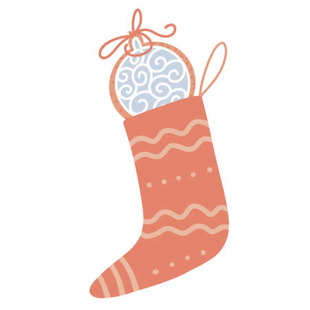 Christmas colorful sock with gingerbread cookie inside. Red striped stocking. Isolated clipart element for design. Vector flat Illustration. Only 5 colors - Easy to recolor.のイラスト素材