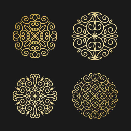 Set of 4 Golgen mandalas. Asian, arabian, korean decorative flower round shapr decor collection. Pattern in ornament circle. Linear vector illusrtation.のイラスト素材