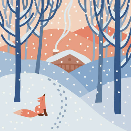 Festive New Year landscape. Frosty Winter forest with drifts, deciduous trees, wooden house and cute fox. Flat hand drawn vector illustration.のイラスト素材