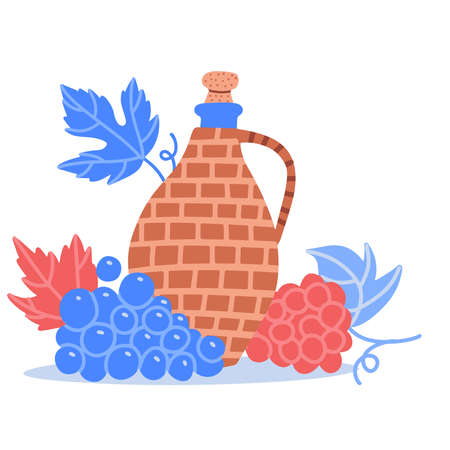 A bottle of wine in wicker basket and grapes. Still-life concept. Flat hand drawn vector illustration.のイラスト素材