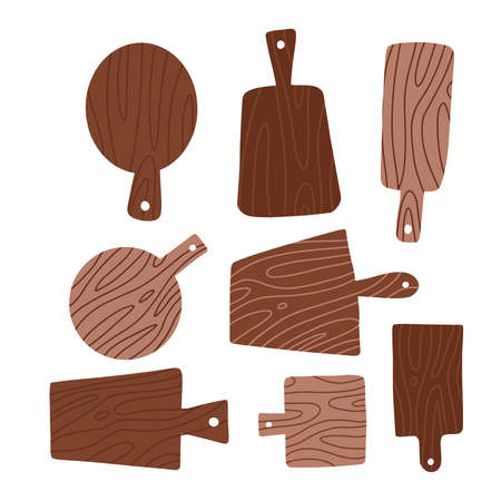 Set of cutting boards isolated on white. Different cutting boards made of wood. Flat hand drawn vector illustration.のイラスト素材