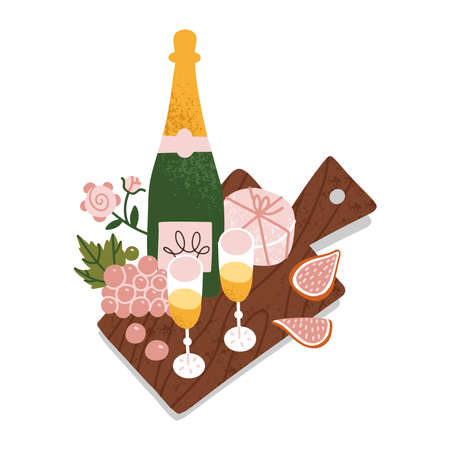 Champagne sparkling wine in a Bottle and two Glasses Served with Cheese, grapes, brie cheese and Fig on Wooden Board. Flat hand drawn textured Vector Illustrationのイラスト素材