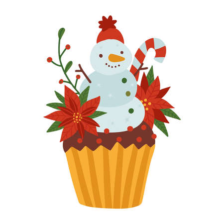 Christmas cupcake decotared with cute snowman, poinsettia and candy cane. Design for Holidays greeting card, poster, banner, postcard, print. Vector flat hand drawn illustration.のイラスト素材
