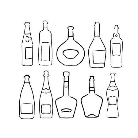 Set of linear hand drawn Sketch Bottles. Collection of different alcohol beverages. Linear vector illustration.のイラスト素材