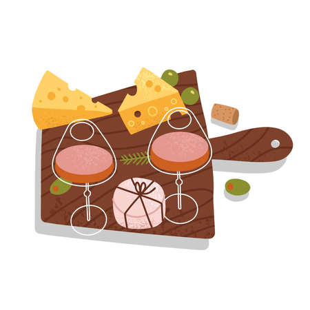 Wina and cheese party concept. Glasses of red wine with brie and grapes. Appetizere on a wooden board. Flat vector Illustration on white backgroundのイラスト素材
