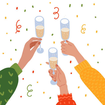 Raised hands holding champagne glasses. New year celebrating with confetti. Party invitation background Flat hand drawn vector illustration.のイラスト素材