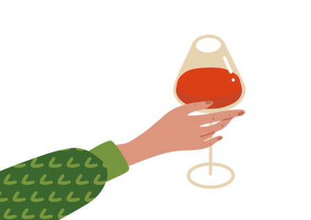 Bright hand holding red wine drink. Hand in knitted sweater with a glass of wine. Modern flat drawn Vector illustration.のイラスト素材