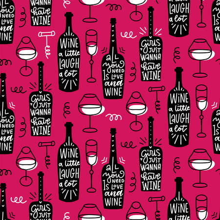 Wine bottle, glasses, corkscrew and funny drink lettering vector seamless pattern on pink background. Concept for wallpaper, wrapping paper, cards. Hnad drawn vector illustration in doodle style.のイラスト素材