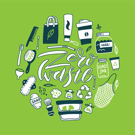 Zero Waste lettering with elements set in round shape. Linear icons of Reduce Reuse Recycle in circle form. Eco lifestyle sign and symbol collection. Hand drawn vector illustration on green backgroundのイラスト素材