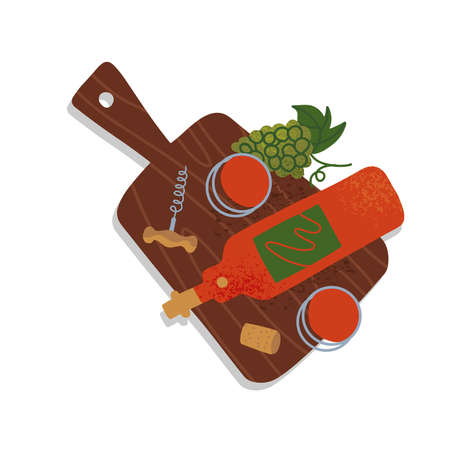 Wine abstract still life concept. top view Template for a drink card. Flat vector illustrations related to wine, wine bottle and corcscrew. Can be use for restaurants menu, cover, packaging.のイラスト素材