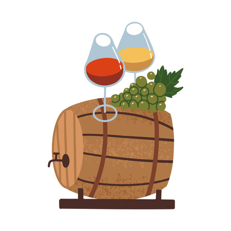 Wooden Barrel, two wine glasses with red and white wine, , grape bunch. Wine testing concept. Isolated textured Still life. Vector flat hand drawn illustrationのイラスト素材