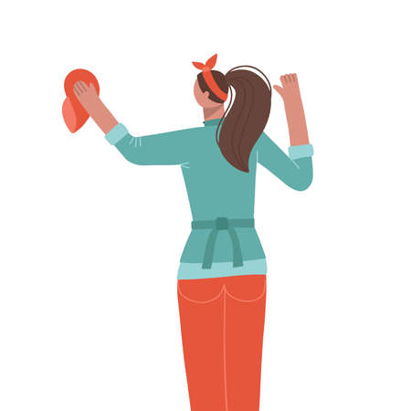 Female worker cleaning glass or wall using a rag. Cleaner, janitor, maid, office girl. Spring cleaning character back view. Hand drawn flat vector illustration.のイラスト素材