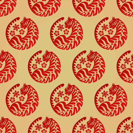 Seamless pattern with Chinese New Year 2022 Zodiac Year of the tiger sign with asian flower elements. Red silhouerre on golden vector background.のイラスト素材