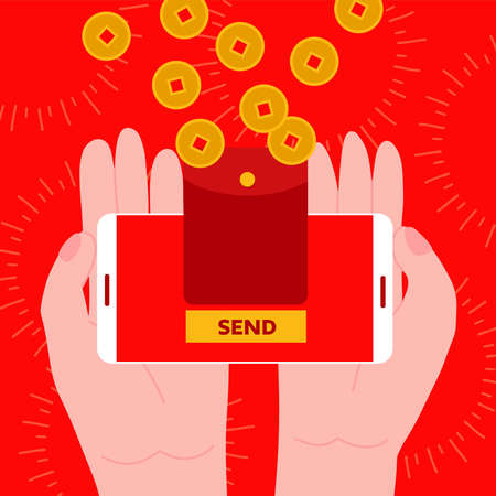 Banner Concept of Sending red envelopes with smartphone. Two hands holding phone with hongbao on the screen with golden coins. Vector flat illustration for web, landing page, banner, editorial, app.のイラスト素材