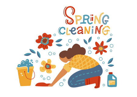 Housewife washing floor on knees. Woman cleaner using cloth and bucket. Spring cleaning concept with flowers. Girl doing housework. Cleaning service concept. Flat hand drawn vector illustrationのイラスト素材