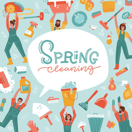 Spring cleaning banner. Service of Professional Cleaners. Characters in Uniform with Cleaning Equipment, Mopping, Vacuuming, Rub. Flat hand drawn Vector hand drawn Illustration with lettering text.のイラスト素材