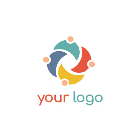 Logo with Diversity Community metaphor idea. Round shape made of 4 people. Circle Icon Element Template. Design of 2d Logos. Flat vector illustration.のイラスト素材