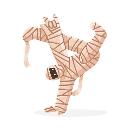 Halloween mummy dressed teen boy dancing break dance. Funny character in bandages. Flat hand drawn...