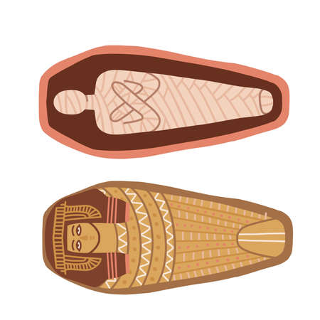 Ancient Egyptian mummy in sarcophagus. Dead woman body after mummification,afterlife symbol. Two...