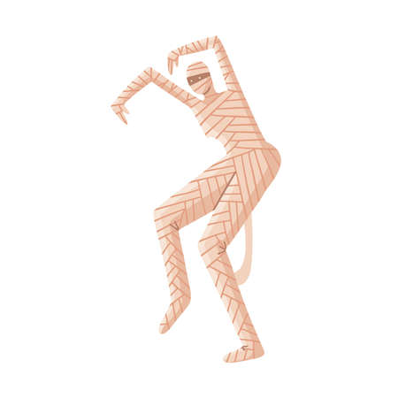 Scary Mummy Character Attacking With Hands Up. Egyptian monster. Vector Flat Hand Drawn Illustration Isolated On Transparent Backgroundのイラスト素材