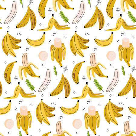 Linear hand drawn bananas seamless pattern. Tropical food vegetarian organic background with Exotic banana drawing. Yummy beach summer cover. Vitamin tasty different bananas. Vector illustration.のイラスト素材