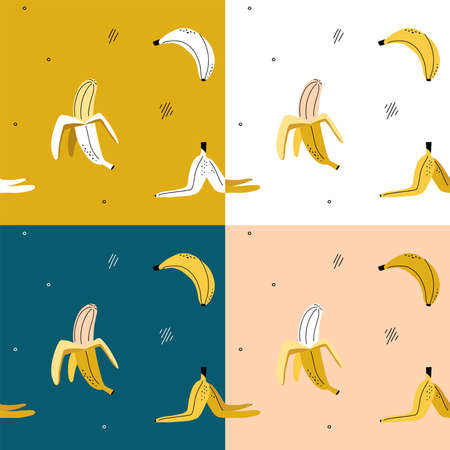 Set of yellow Bananas seamless pattern. Doodle hand drawn abstract fruits. Vector color linear illustrationのイラスト素材