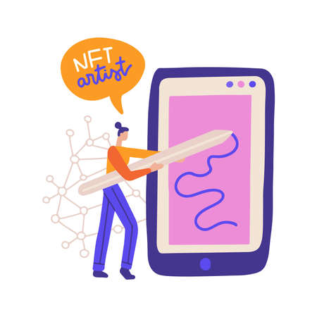 Female NTF artist painting a picture of non-fungible tocken. Woman drawing digital picture on big screen of the tablet. Modern flat style creative vector illustrationのイラスト素材