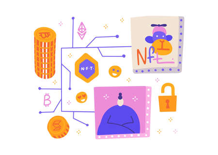 Crumbled NTF non fungible token with PCB tracks scheme isolated on white. Hnad drawn artistic flowchart composition with images of cultural values keys and coins. Flat vector illustration.のイラスト素材